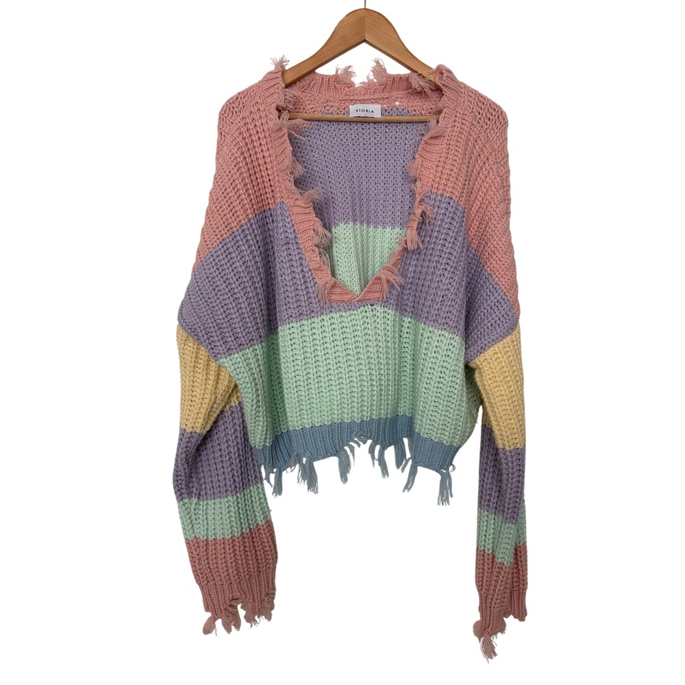 Storia Pastel Goth Fairy Grunge Distressed V-Neck Cropped Chunky Knit Sweater S